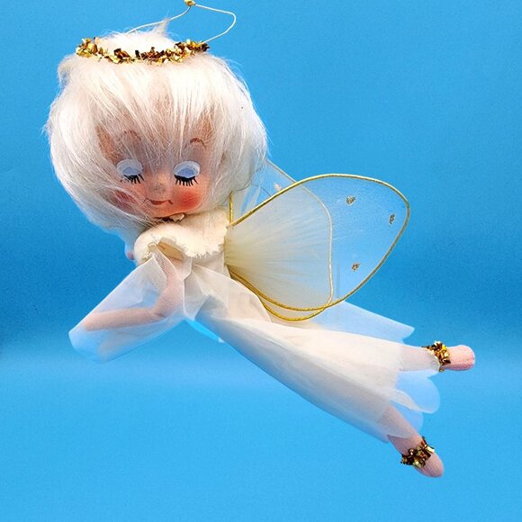 Vintage White Hair Pixie Angel Ornament Japan Organza Dress Tulle Wings 1960s - Picture 3 of 14